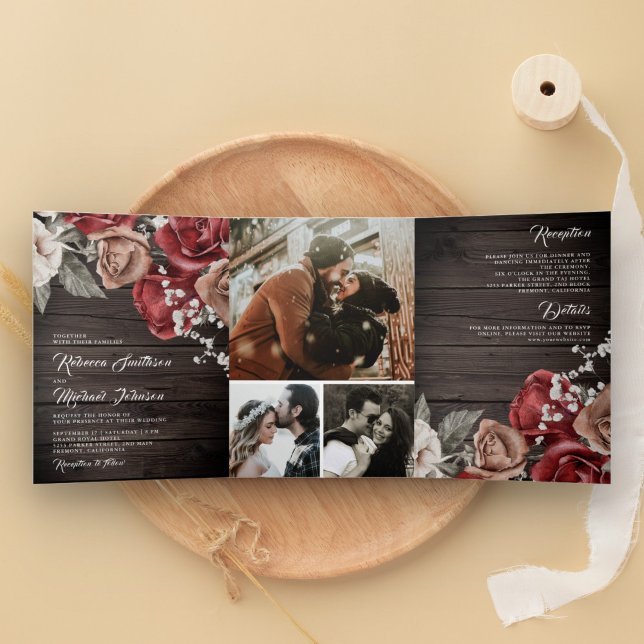 Rustic Wood Burgundy Rote Rosen Foto Wedding Dreifach Gefaltete Einladung (Von Creator hochgeladen)