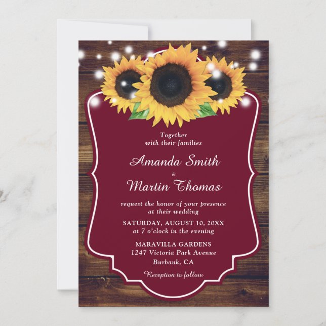 Rustic Wood Burgundy Sonnenblume Hochzeit Einladung (Vorderseite)