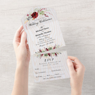 Rustic Wood Burgundy Wedding All In One Einladung