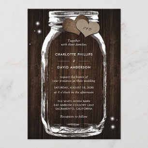 Rustic Wood Burlap Hearts Mason Jar Wedding Einladung