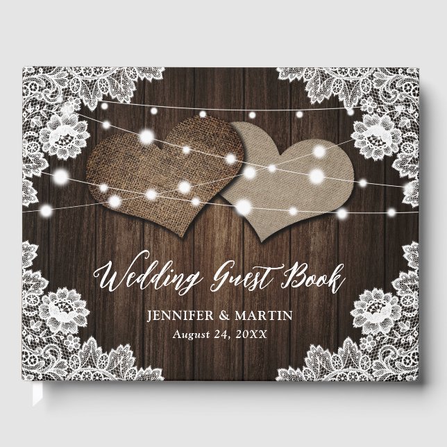 Rustic Wood Burlap Hearts Wedding Gästebuch (Vorderseite)