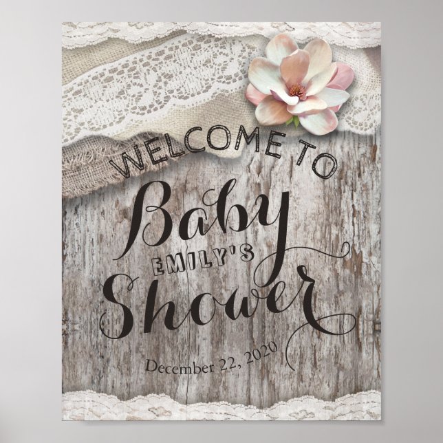 Rustic Wood Burlap Lace Baby Dusche Begrüßungszeic Poster (Vorne)