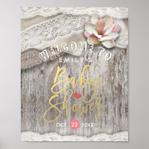 Rustic Wood Burlap Lace Baby Dusche Begrüßungszeic Poster