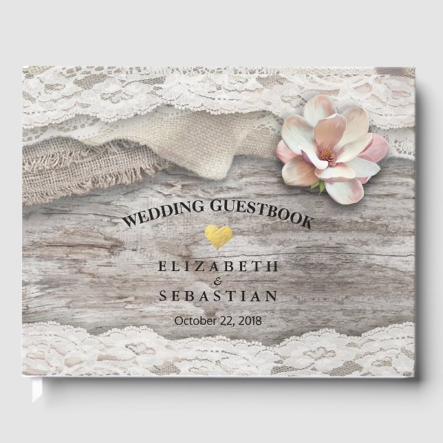 Rustic Wood Burlap Lace Floral Wedbook Gästebuch (Vorderseite)