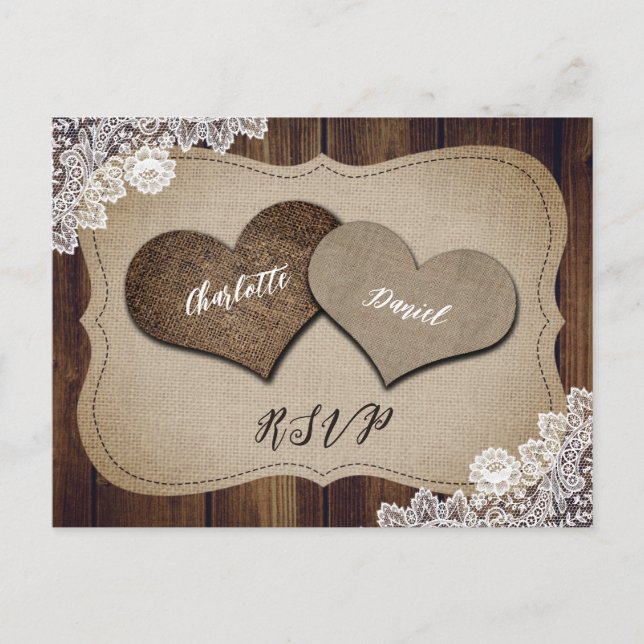Rustic Wood Burlap Lace Wedding RSVP Postcard Einladungspostkarte (Vorderseite)