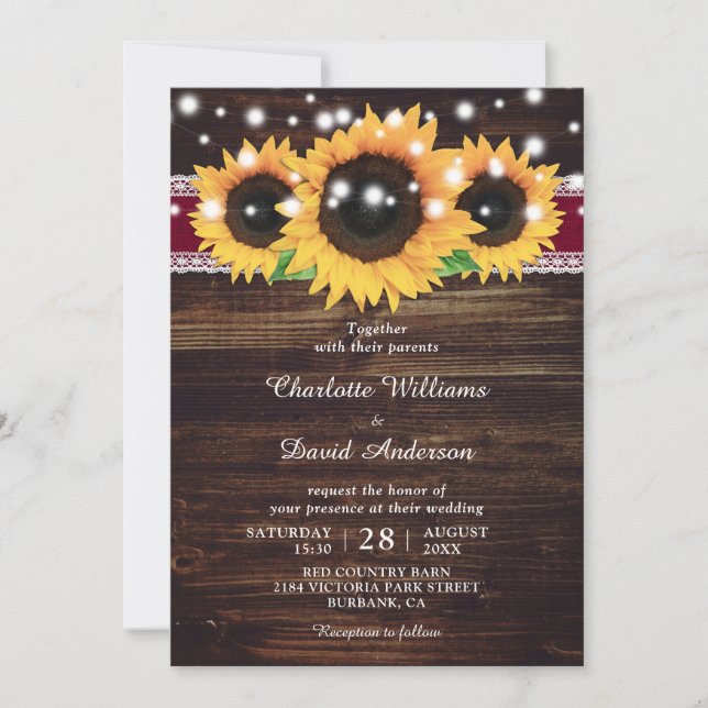 Rustic Wood Burlap Sonnenblume Burgundy Wedding Einladung (Vorderseite)