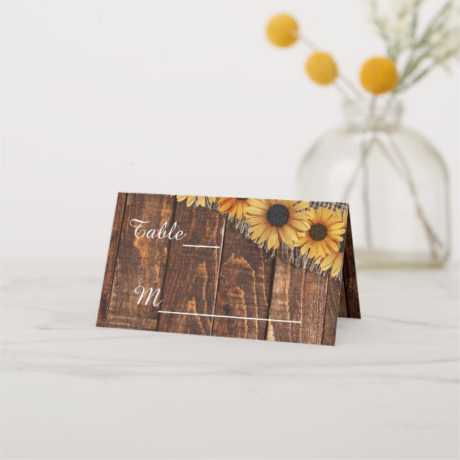Rustic Wood Burlap Sonnenblume Hochzeitsstimmung T Platzkarte (Vorderseite)