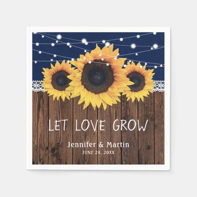 Rustic Wood Burlap Sonnenblumen Navy Blue Wedding Serviette (Vorderseite)