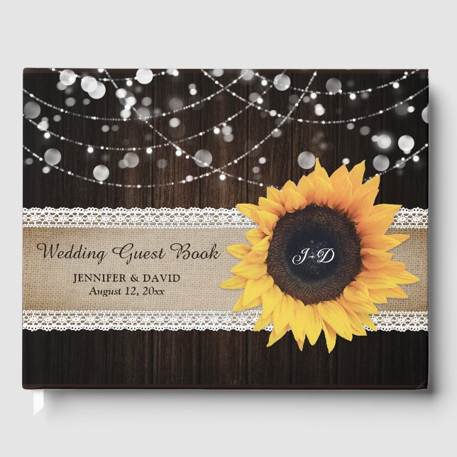 Rustic Wood Burlap Sunflower Wedding Gästebuch (Vorderseite)