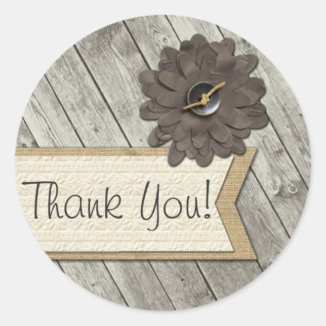 Rustic Wood Button Fabric Blume Burlap Danke Runder Aufkleber (Vorderseite)