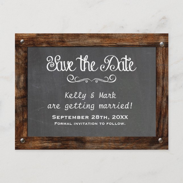 Rustic Wood CHALKBOARD Save the Date Postkarte (Vorderseite)