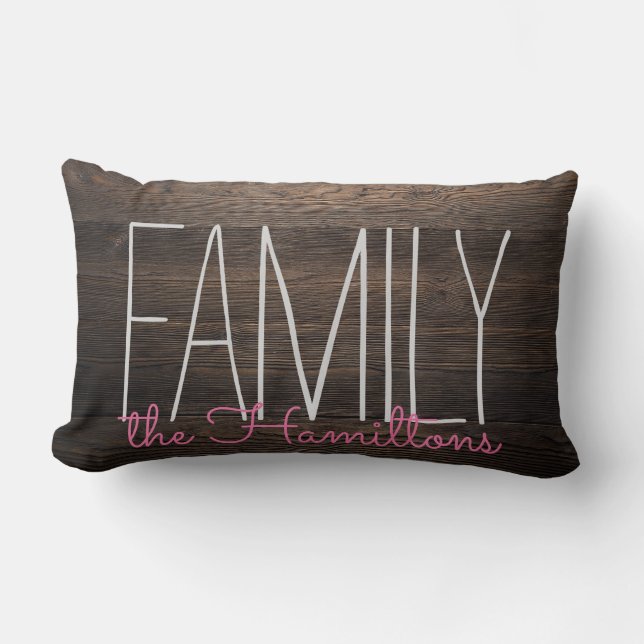 Rustic wood Chic Family Monogram in PINK Lendenkissen (Vorderseite)