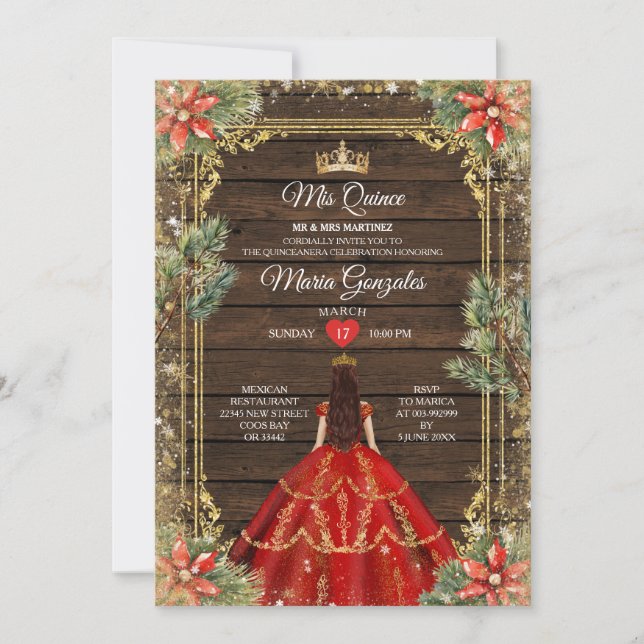 Rustic Wood Christmas Red Princess Mis Quince Einladung (Vorderseite)