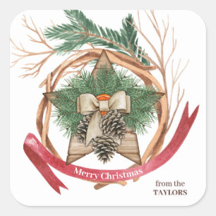 Rustic Wood Christmas Star Twig Wreath Quadratischer Aufkleber