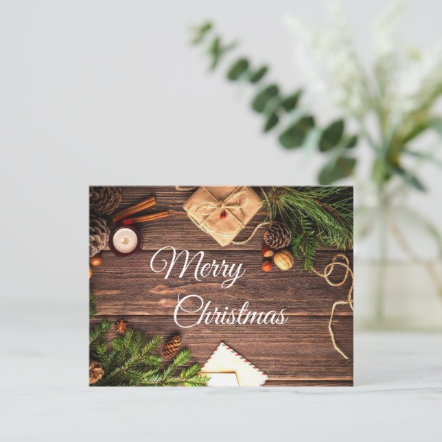 Rustic Wood Cinnamon Frohe Weihnachtsgrüße Postkarte (Stehend Vorderseite)