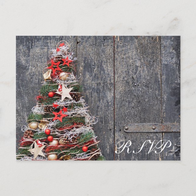 Rustic Wood Country Weihnachtsbaum Red Gold Einladungspostkarte (Vorderseite)