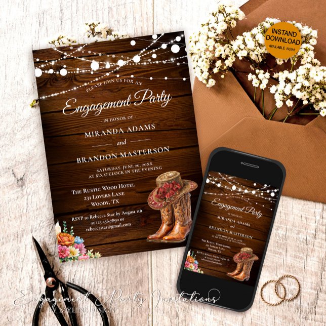 Rustic Wood Cowboy Boost Western Engagement Party Einladung (Von Creator hochgeladen)