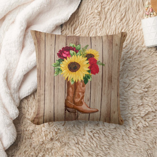 Rustic Wood Cowgirl Boots Sunflowers Rote Rosen Kissen (Decke)