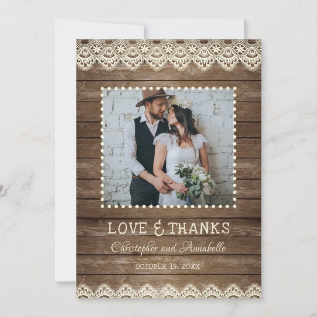 Rustic Wood Cream Lace Wedding Foto Vielen Dank Dankeskarte (Vorderseite)