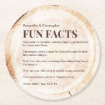 Rustic Wood Cut Slice Funchlist Custom Wedding Runder Pappuntersetzer<br><div class="desc">Entdecken Sie den Charme unserer rustikalen Wood Cut Slice Fun Fact List Custom Wedding Untersetzer Favors, eine reizvolle Ergänzung zu Ihrem Fest. Diese Untersetzer vereinen rustikale Eleganz mit personalisierten Funakten des Ehepaares und machen sie zu einem einzigartigen und unvergesslichen Sake für Ihre Gäste. Die Holzschnitt-Schnitt-Scheibe fügt eine natürliche Touch hinzu,...</div>