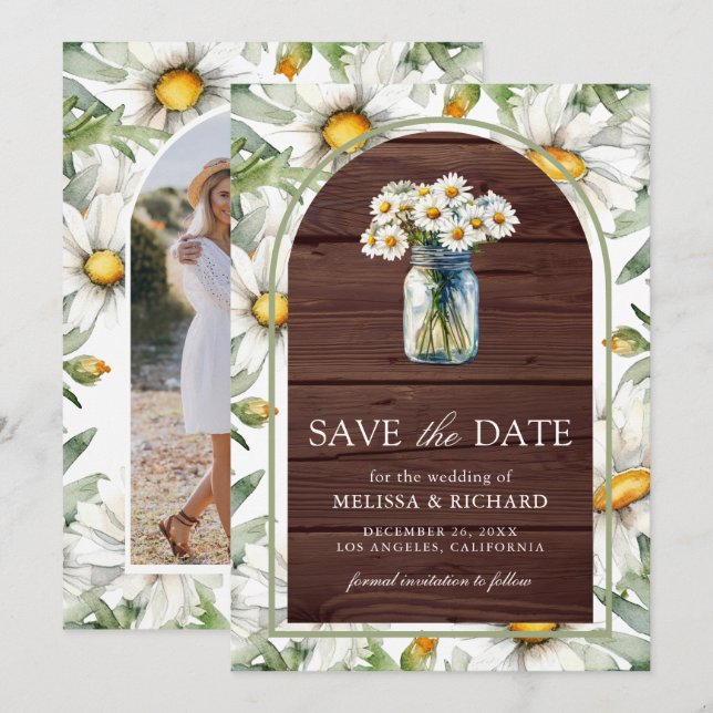 Rustic Wood Daisies Floral Mason Jar Photo Wedding Save The Date (Vorne/Hinten)