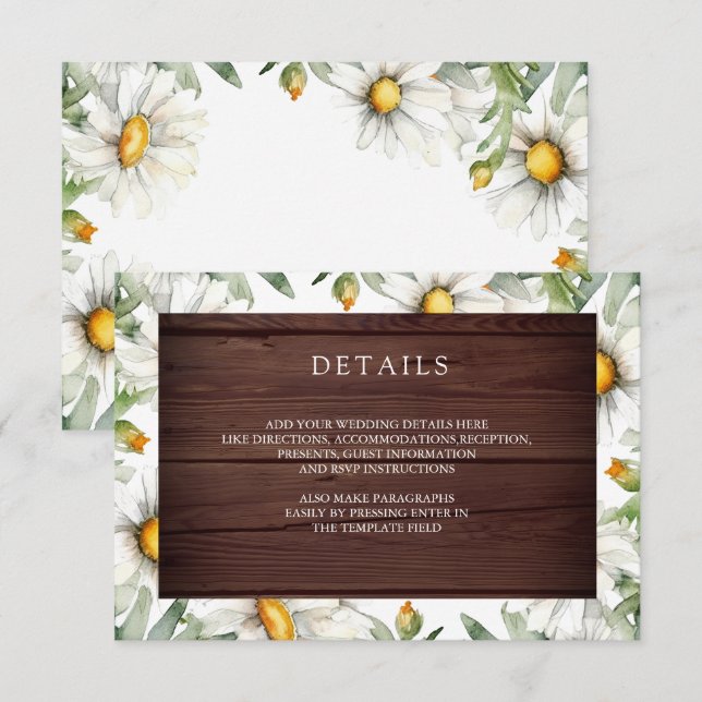Rustic Wood Daisies Floral Wedding Details Begleitkarte (Vorne/Hinten)