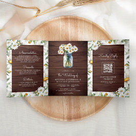 Rustic Wood Daisies Mason Jar QR Code Wedding Dreifach Gefaltete Einladung