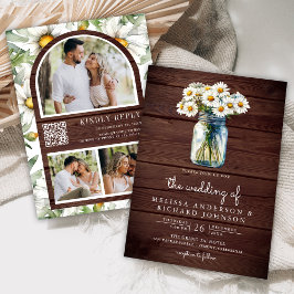 Rustic Wood Daisies Mason Jar QR Code Wedding Einladung