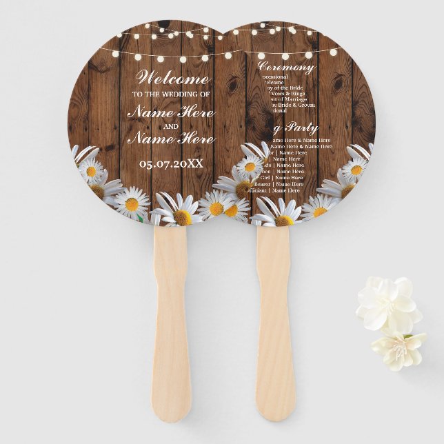 Rustic Wood Daisy Wedding Program Hand Fan Fächer (Vorne und Hinten)