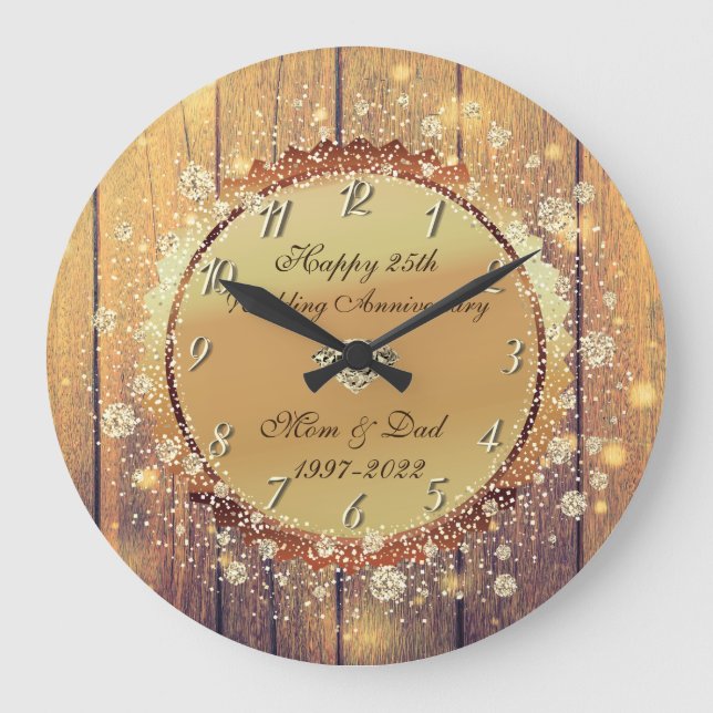 Rustic Wood Diamond 25th Wedding Anniversary Große Wanduhr (Vorderseite)