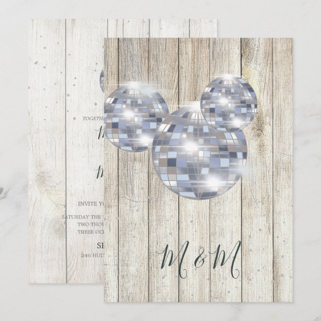 Rustic Wood Disco Silver Chic Wedding Einladung (Vorne/Hinten)