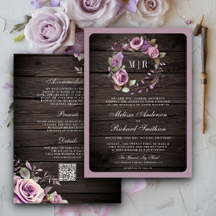 Rustic Wood Dusty Lila Floral QR Code Wedding Einladung