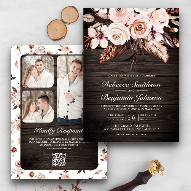 Rustic Wood Earthy Ivory Floral QR Code Hochzeit Einladung (Von Creator hochgeladen)
