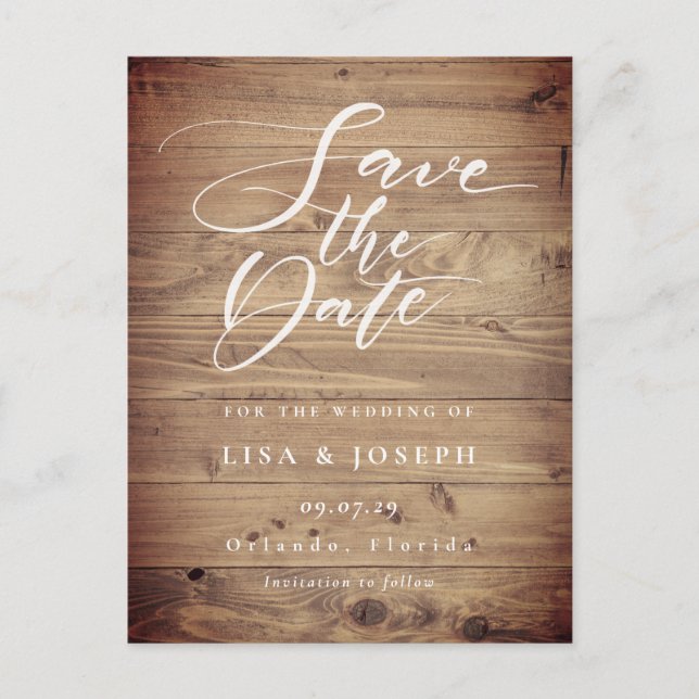 Rustic Wood Elegantes Skript-Save the Date-Foto Postkarte (Vorderseite)
