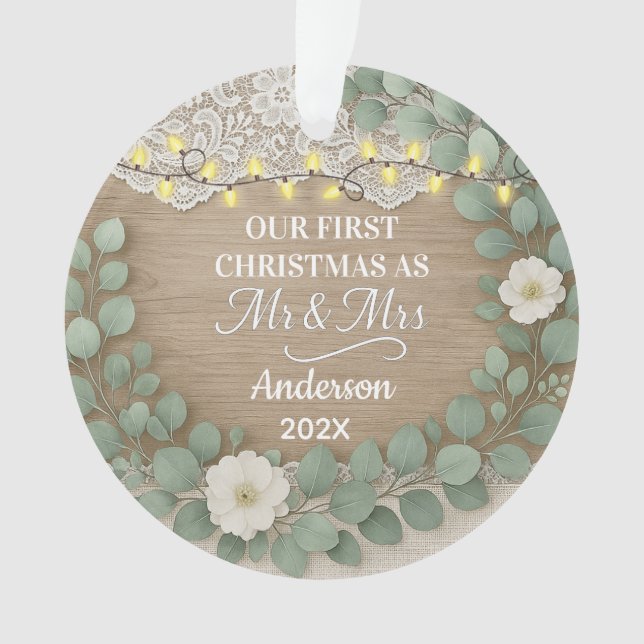 Rustic Wood & Eucalyptus Mr & Mrs Christmas Ornament (Vorderseite)