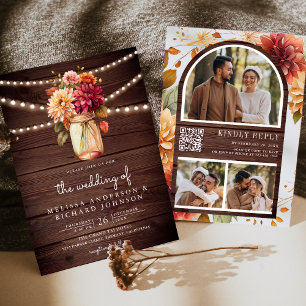 Rustic Wood Fall Dahlia Mason Jar QR Code Wedding Einladung