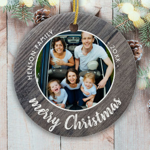 Rustic Wood Family Foto Frohe Weihnachten Keramik Ornament