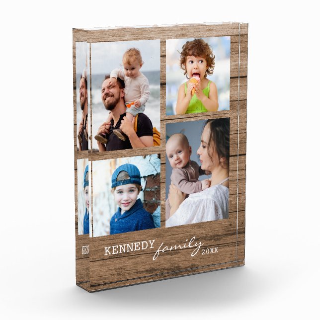 Rustic Wood Family Name 4 Photo Collage Block (Links)