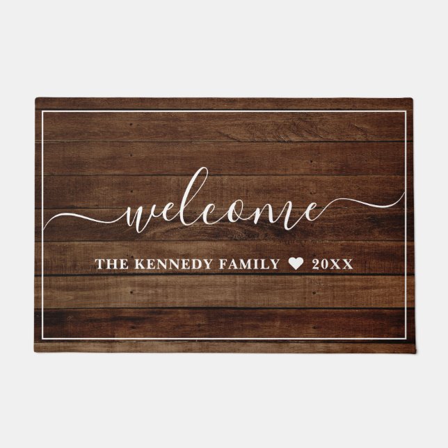 Rustic Wood Family Name Personalized  Welcome Fußmatte (Vorderseite)