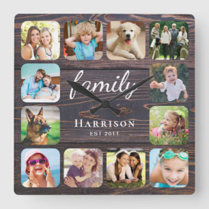 Rustic Wood Family Photo Personalized Quadratische Wanduhr