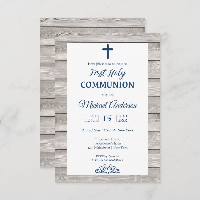 Rustic Wood First Communion Religious event Einladung (Vorne/Hinten)