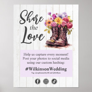 Rustic Wood floral Boot Wedding Hashtag Foto Signi Poster