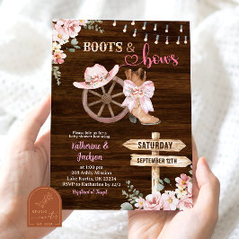 Rustic Wood Floral Boots and Bows Baby Shower Einladung