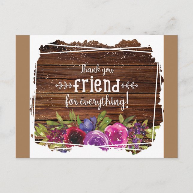 Rustic Wood Floral Friend Vielen Dank Postkarte (Vorderseite)