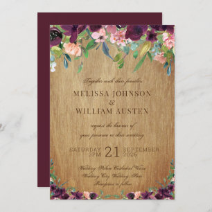 Rustic Wood floral Marsala Wedding Einladung