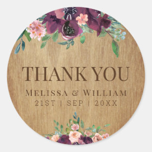 Rustic Wood Floral Marsala Wedding Vielen Dank Runder Aufkleber
