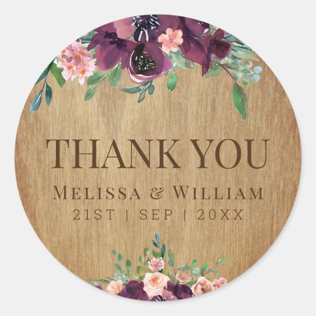 Rustic Wood Floral Marsala Wedding Vielen Dank Runder Aufkleber (Vorderseite)
