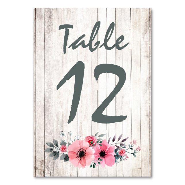Rustic Wood Floral Rose Wedding Tischnummer Card (Vorderseite)
