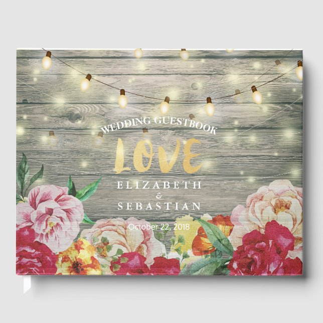 Rustic Wood Floral String Lights Wedbook Gästebuch (Vorderseite)