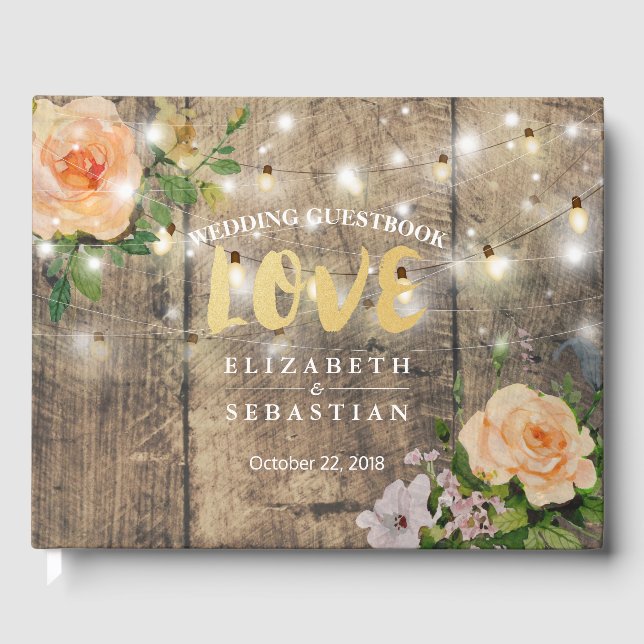 Rustic Wood Floral String Lights Wedbook Gästebuch (Vorderseite)